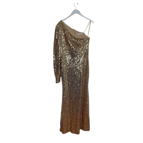 Mac Duggal 26717 Gold Sequin One Shoulder Bishop Sleeve Trumpet Gown Size 14 - Picture 4 of 7